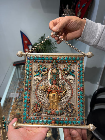 Thousand-Armed Avalokiteshvara Thangka 25cm / 9.8" x 23cm / 9" (31cm / 12.2" with chain) – Silver & Turquoise Inlay Botree Arts Collection