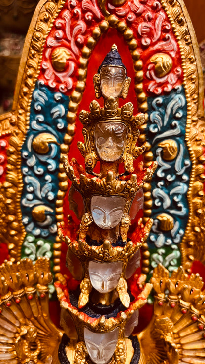 Thousand-Armed Avalokiteshvara Buddha Statue 50cm / 19.7" Hand-Carved Copper Gilded with Painted Mandorla & Crystal Faces – Chenrezig Himalayan Sacred Art