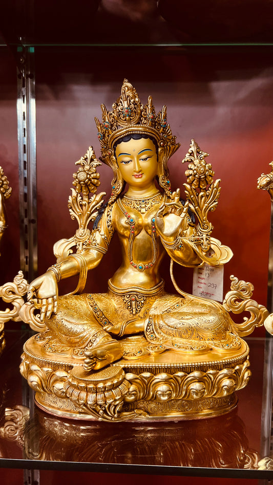 Green Tara Statue 33cm Hand-Carved Copper Gilded & Painted – Masterwork Fine Craftsmanship, Bodhisattva Himalayan Art Nepal | Bo Tree Arts