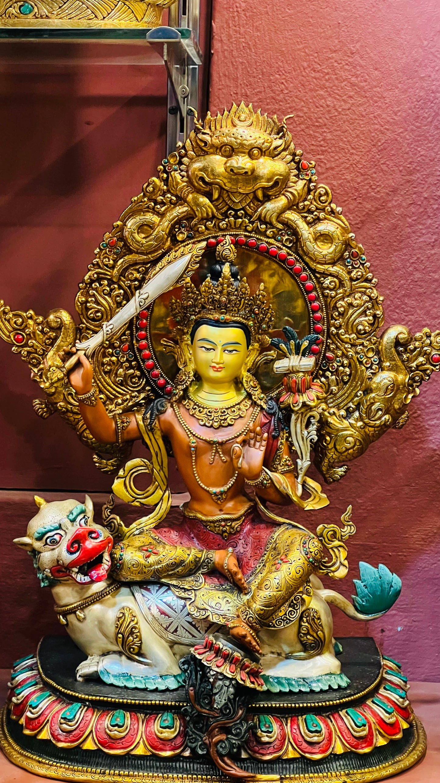 50cm Simhanada Manjushri Riding a Lion Statue Hand-Carved Copper Painted with Mandorla – Tibetan Style Wisdom Bodhisattva Masterwork Nepal – Handmade Tibetan Buddhist Statue, Lost-Wax Cast Himalayan Art from Nepal