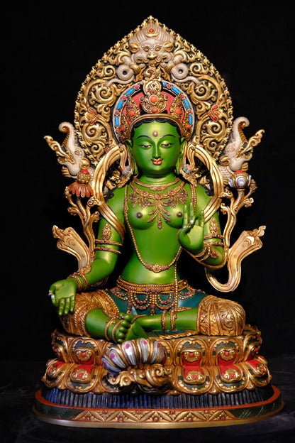 Green Tara (Mother of Liberation) Buddha Statue 42cm / 16.5" Hand-Carved Copper Gilded Painted with Mandorla – Masterwork Himalayan Art Nepal