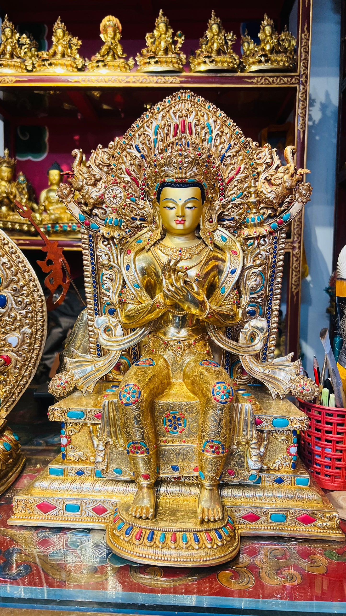 45cm Gilded Maitreya Buddha Statue with Crown – Handmade Copper Sculpture, Tibetan Style Future Buddha Art from Nepal – Handmade Tibetan Buddhist Statue, Lost-Wax Cast Himalayan Art from Nepal