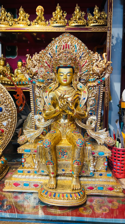 45cm Gilded Maitreya Buddha Statue with Crown – Handmade Copper Sculpture, Tibetan Style Future Buddha Art from Nepal