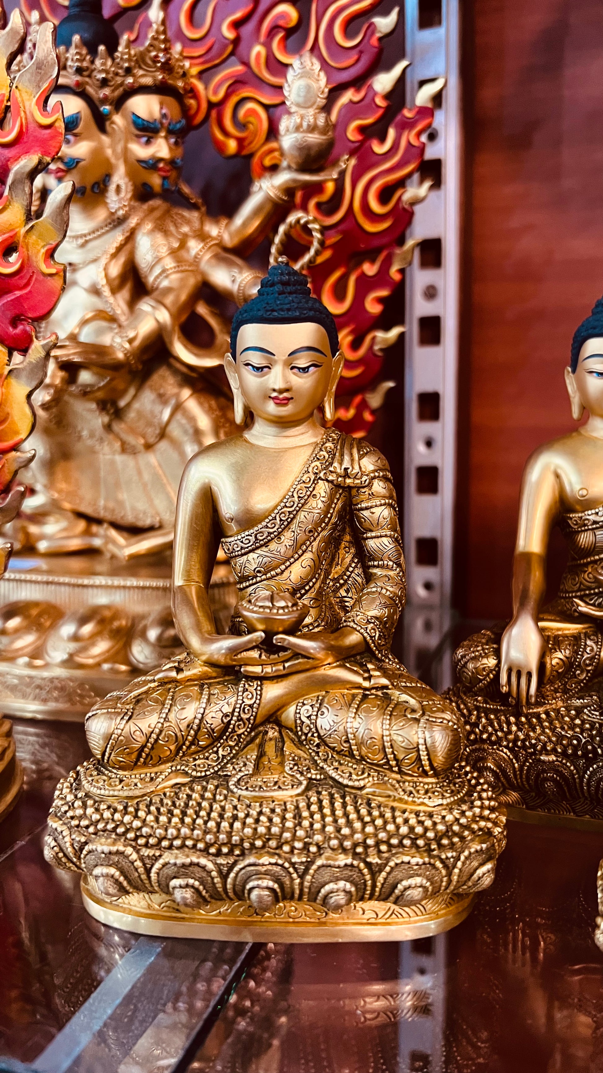 Triple Gem Buddha (Shakyamuni Medicine Buddha Amitabha) Statues 14cm / 5.5" Hand-Carved Copper Gilded – Himalayan Art Nepal | Bo Tree Arts