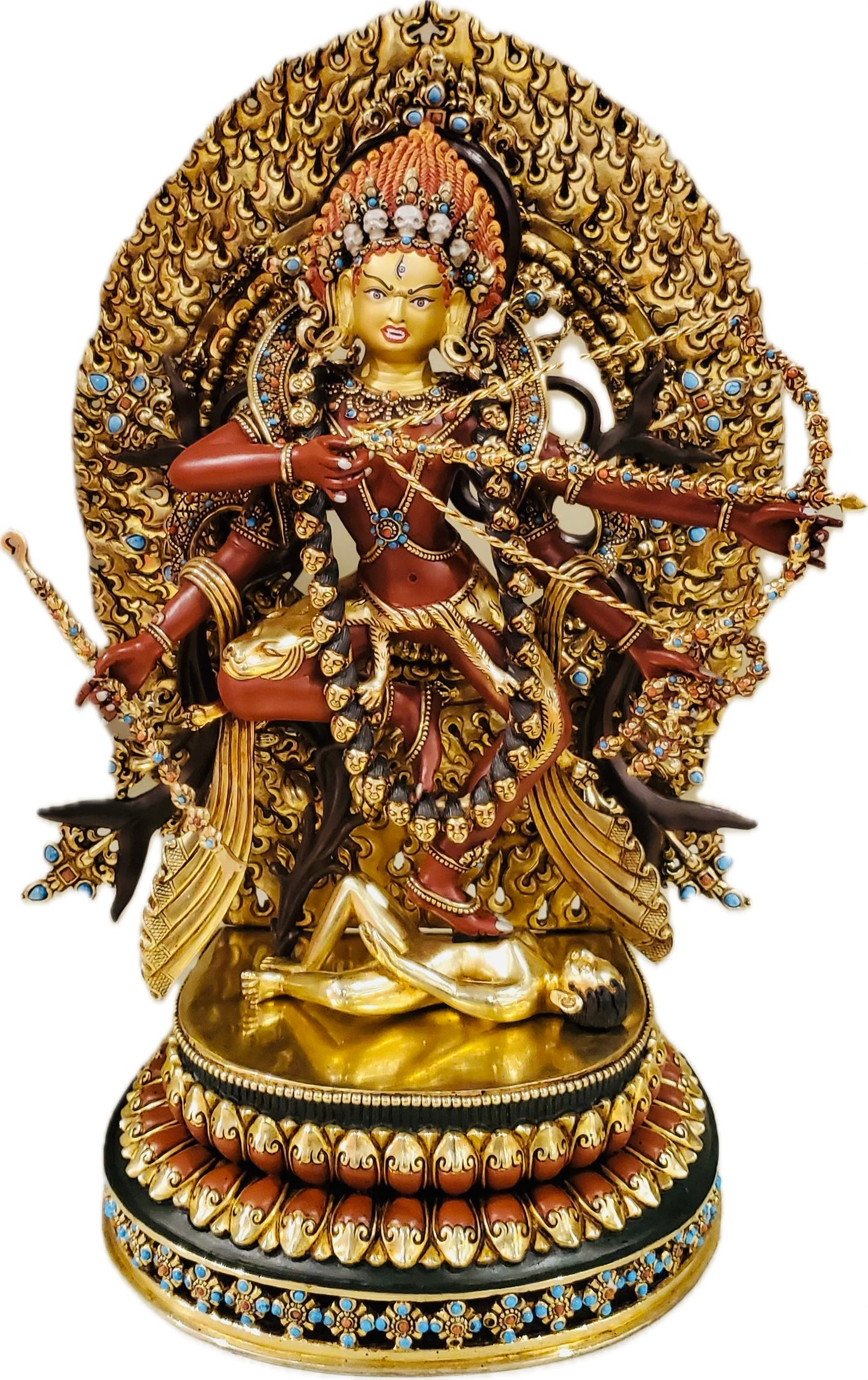 Kurukulla (Red Tara) Buddha Statue 36cm / 14.2" Hand-Carved Copper Gilded Painted with Golden Mandorla – Museum-Quality Himalayan Art Nepal – Handmade Tibetan Buddhist Statue, Lost-Wax Cast Himalayan Art from Nepal