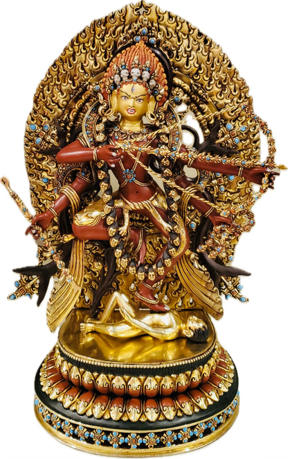 Kurukulla (Red Tara) Buddha Statue 36cm / 14.2" Hand-Carved Copper Gilded Painted with Golden Mandorla – Museum-Quality Himalayan Art Nepal