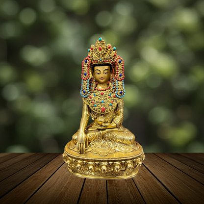 21cm Gilded Maitreya Buddha Statue – Handmade Tibetan Brass Sculpture with Crown, Himalayan Art from Nepal