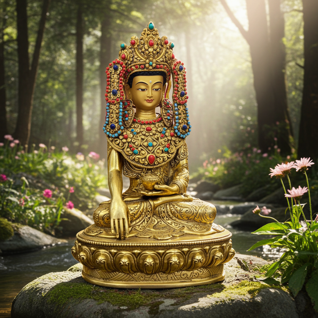 21cm Gilded Maitreya Buddha Statue – Handmade Tibetan Brass Sculpture with Crown, Himalayan Art from Nepal | Bo Tree Arts