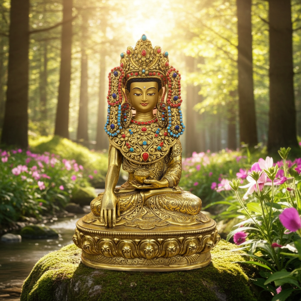 21cm Gilded Maitreya Buddha Statue – Handmade Tibetan Brass Sculpture with Crown, Himalayan Art from Nepal | Bo Tree Arts