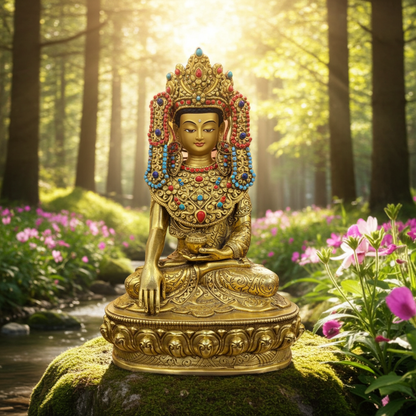 21cm Gilded Maitreya Buddha Statue – Handmade Tibetan Brass Sculpture with Crown, Himalayan Art from Nepal