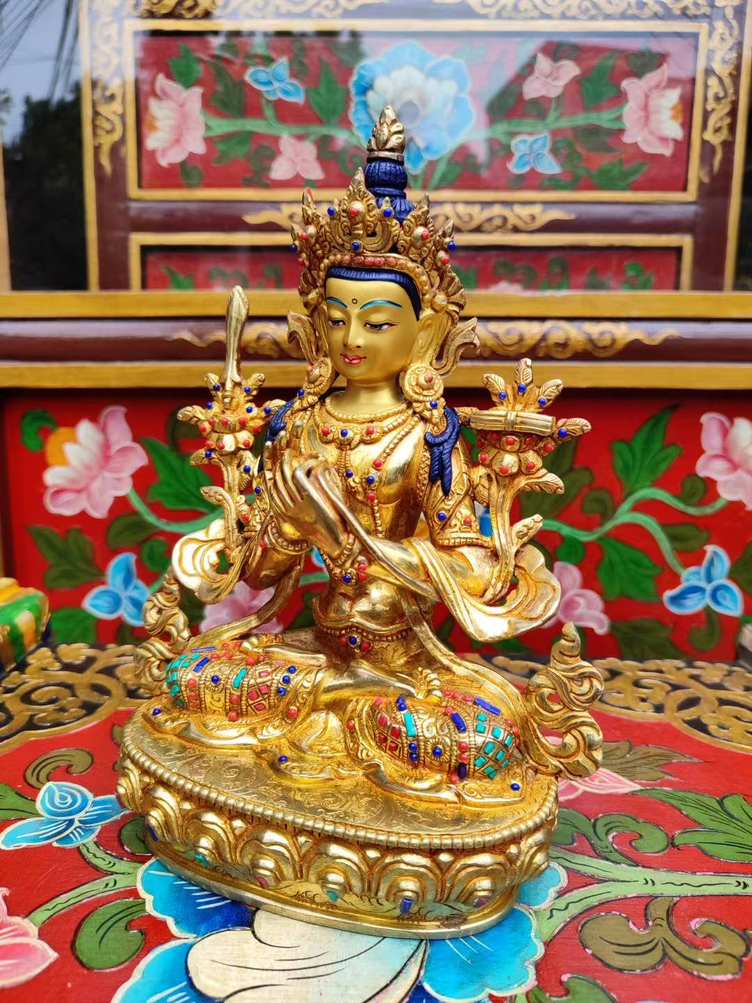 White Manjushri (Sita Manjushri) Wisdom Bodhisattva Statue 23cm / 9" Hand-Carved Copper Gilded – Himalayan Art Nepal | Bo Tree Arts