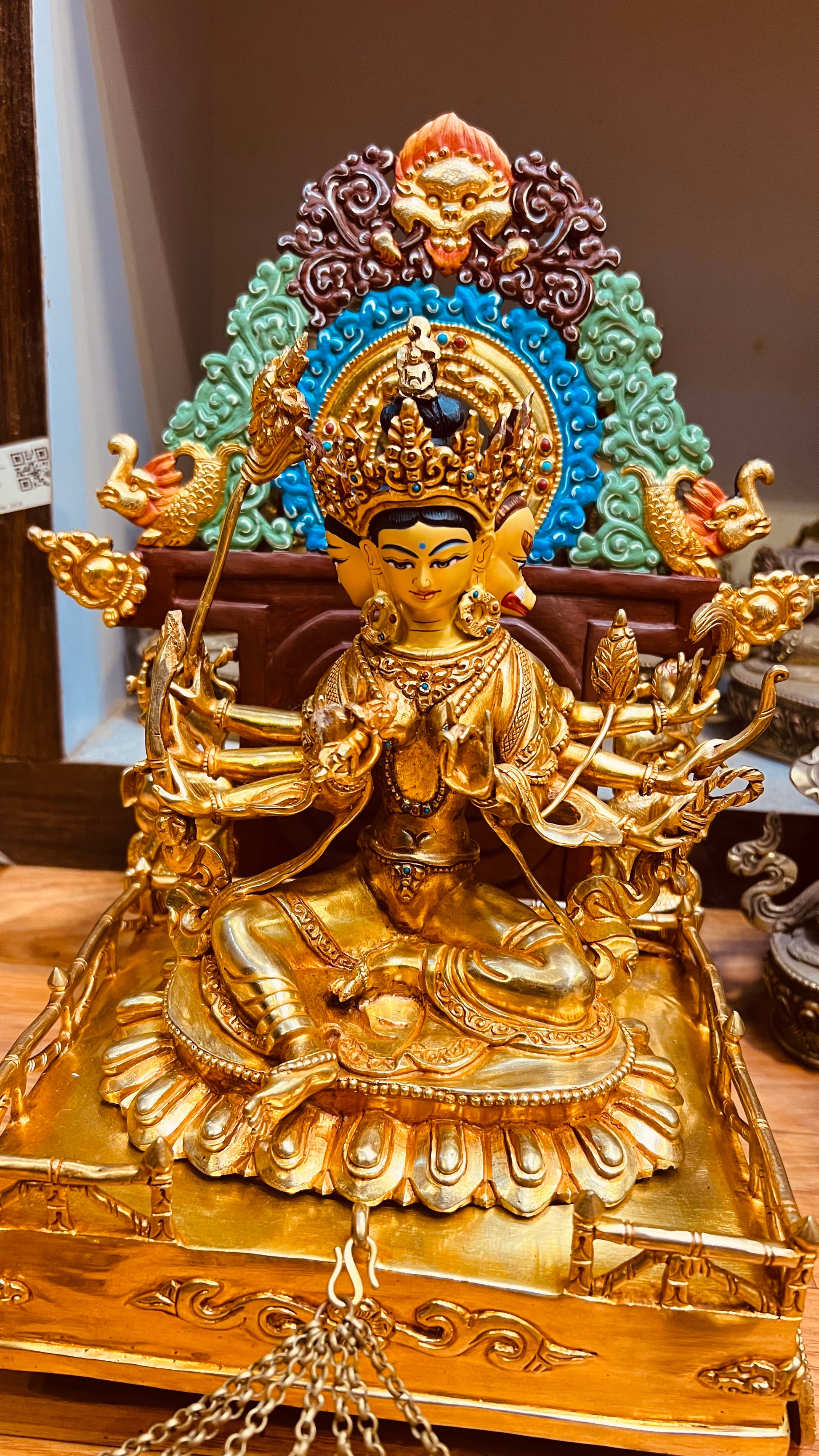 Marichi Buddha Statue 33cm / 13" Hand-Carved Copper Gilded with Mandorla – Light Goddess with Chariot Masterwork Sculpture | Bo Tree Arts