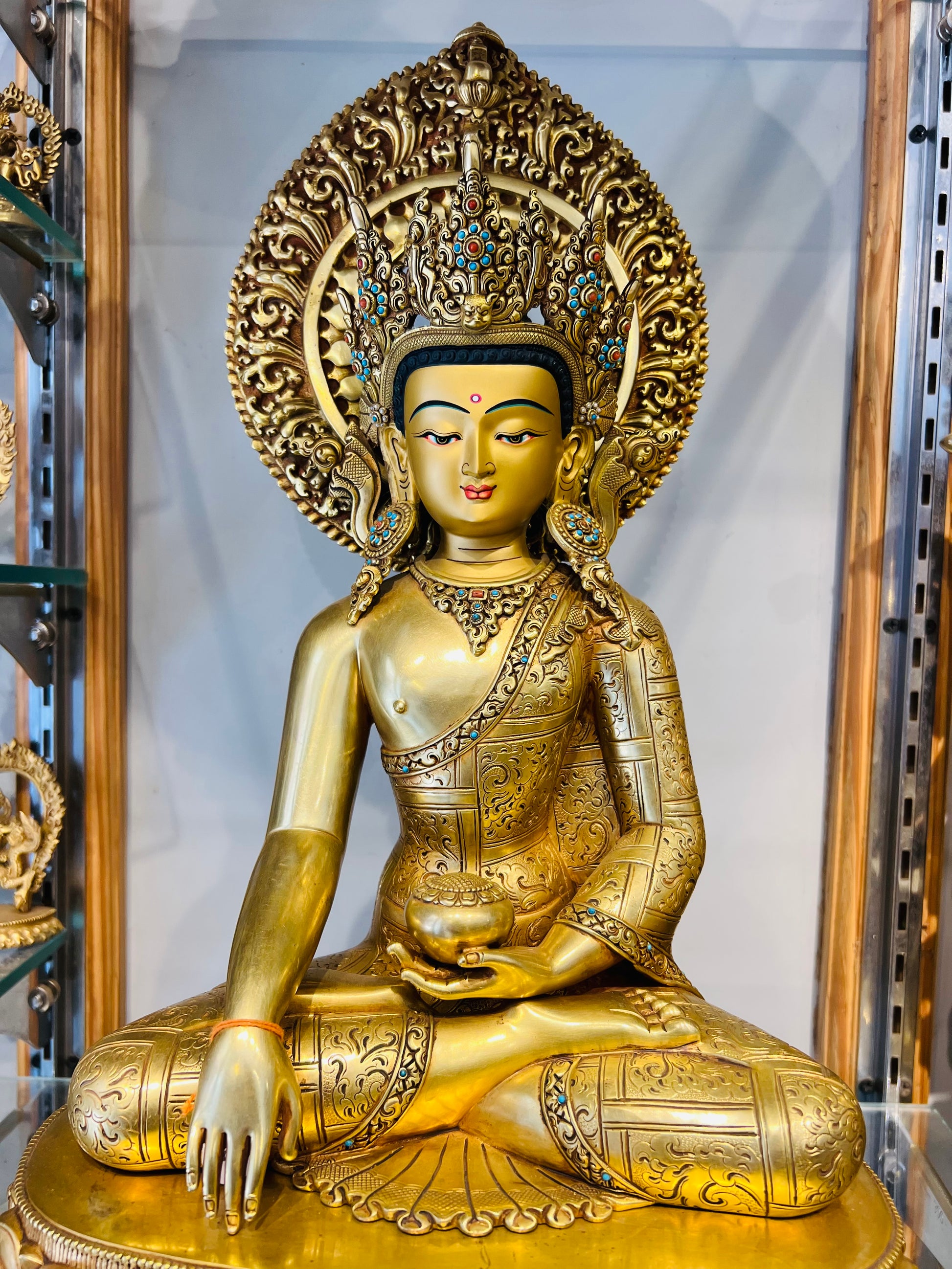 Shakyamuni Buddha Statue 40cm / 15.7" Hand-Carved Copper Gilded with Mandorla – Historical Buddha Botree Arts Himalayan Art | Bo Tree Arts