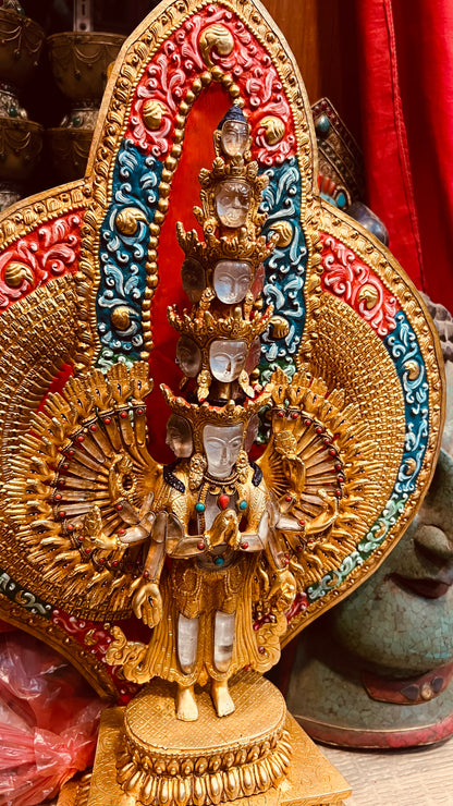 Thousand-Armed Avalokiteshvara Buddha Statue 50cm / 19.7" Hand-Carved Copper Gilded with Painted Mandorla & Crystal Faces – Chenrezig Himalayan Sacred Art
