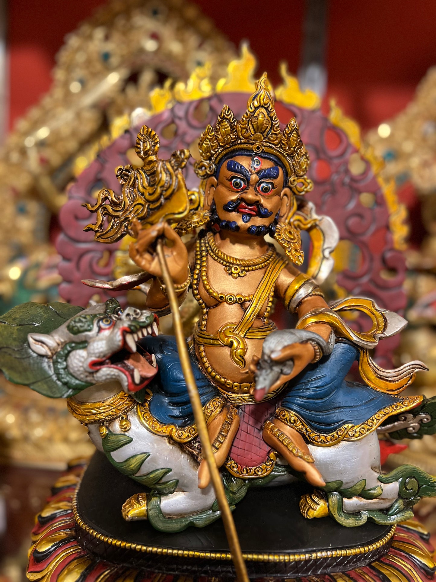 33cm Vaishravana Hand-Carved Pure Copper Painted Statue – Tibetan Buddhist Treasure King, Wealth Deity Sculpture from Nepal – Handmade Tibetan Buddhist Statue, Lost-Wax Cast Himalayan Art from Nepal