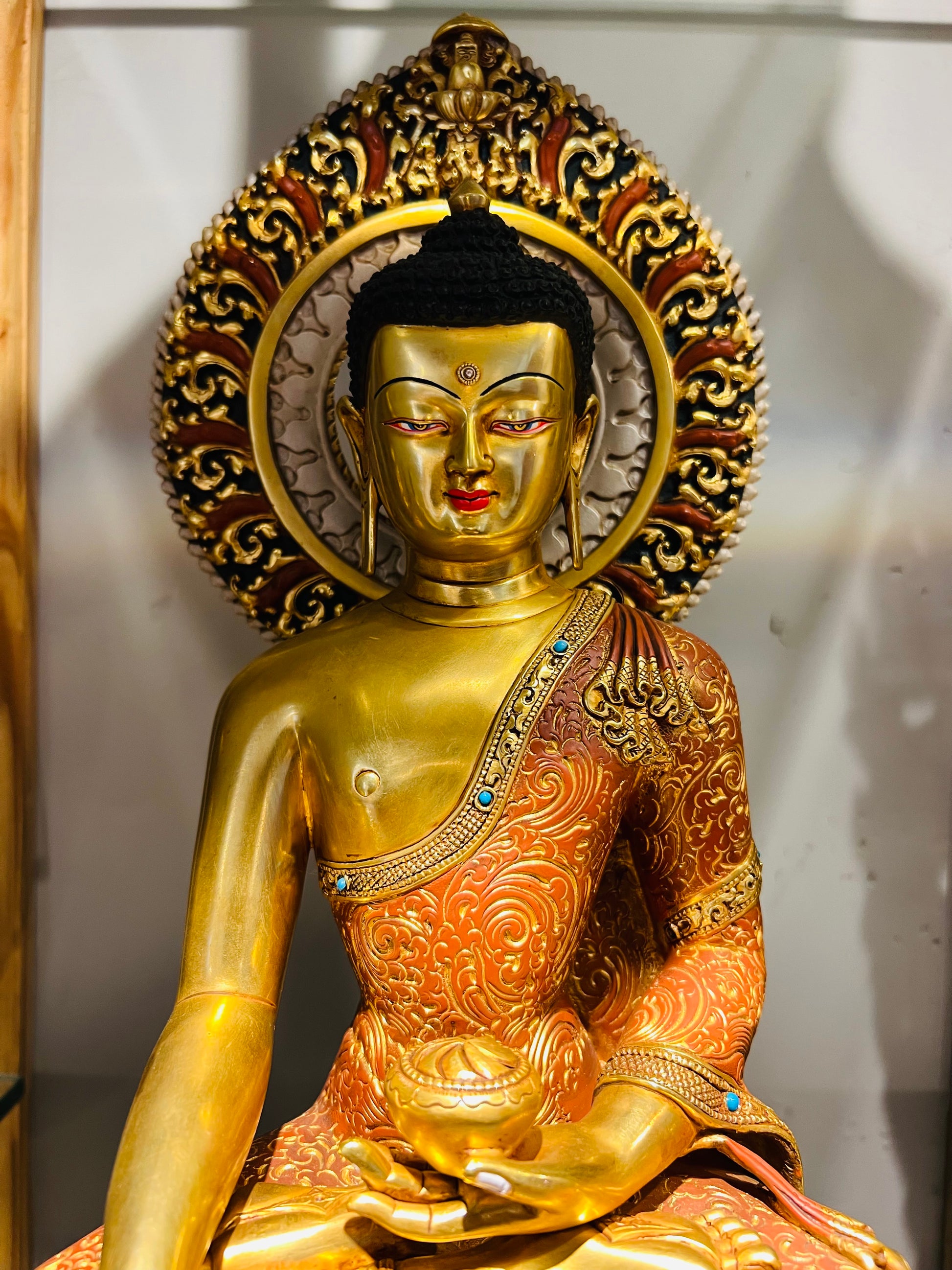 Shakyamuni Buddha Statue 38cm / 15" Hand-Carved Copper Gilded & Painted with Mandorla – Historical Buddha Museum-Quality Collection Nepal | Bo Tree Arts