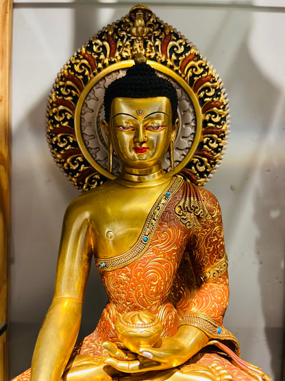 Shakyamuni Buddha Statue 38cm / 15" Hand-Carved Copper Gilded & Painted with Mandorla – Historical Buddha Museum-Quality Collection Nepal