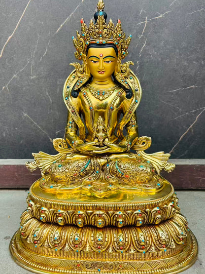 Amitayus Buddha Statue 40cm / 15.7" Hand-Carved Copper Gilded – Tsepame Long-Life Deity Handmade in Nepal