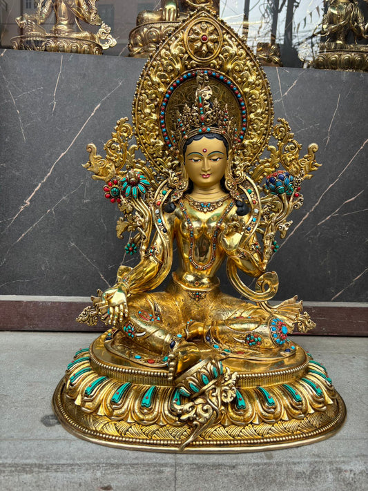 Green Tara (Mother of Liberation) Buddha Statue 50cm / 19.7" Hand-Carved Copper Gilded Himalayan Art Nepal | Bo Tree Arts