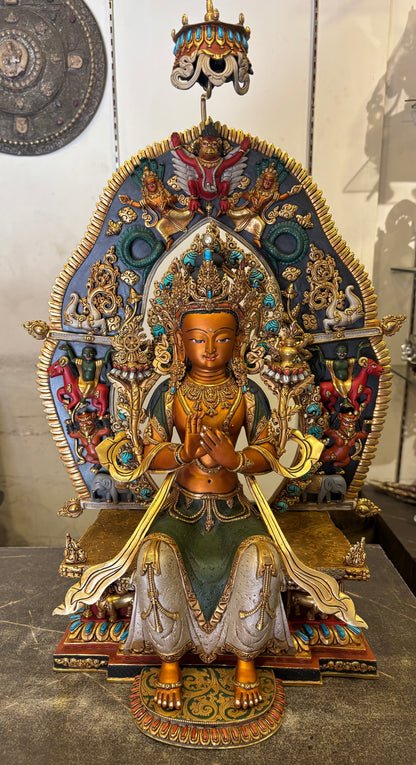 Maitreya Buddha Statue 60cm / 23.6" Hand-Carved Copper Painted – Future Buddha Ancient Technique Masterwork Nepal