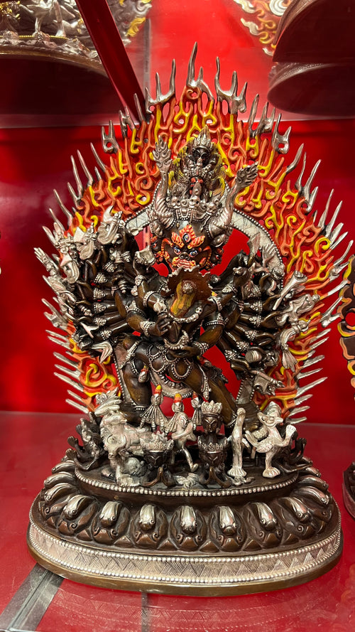 Yamantaka Buddha Statue 37cm / 14.6" Hand-Carved Copper Silver-Gilt & Painted – Vajrabhairava Traditional Himalayan Art