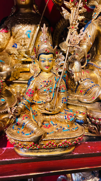 23cm Guru Rinpoche Padmasambhava Pure Hand-Carved Copper Statue – Gold-Plated with Inlaid Gemstones, Tibetan Style Masterwork Himalayan Art Nepal