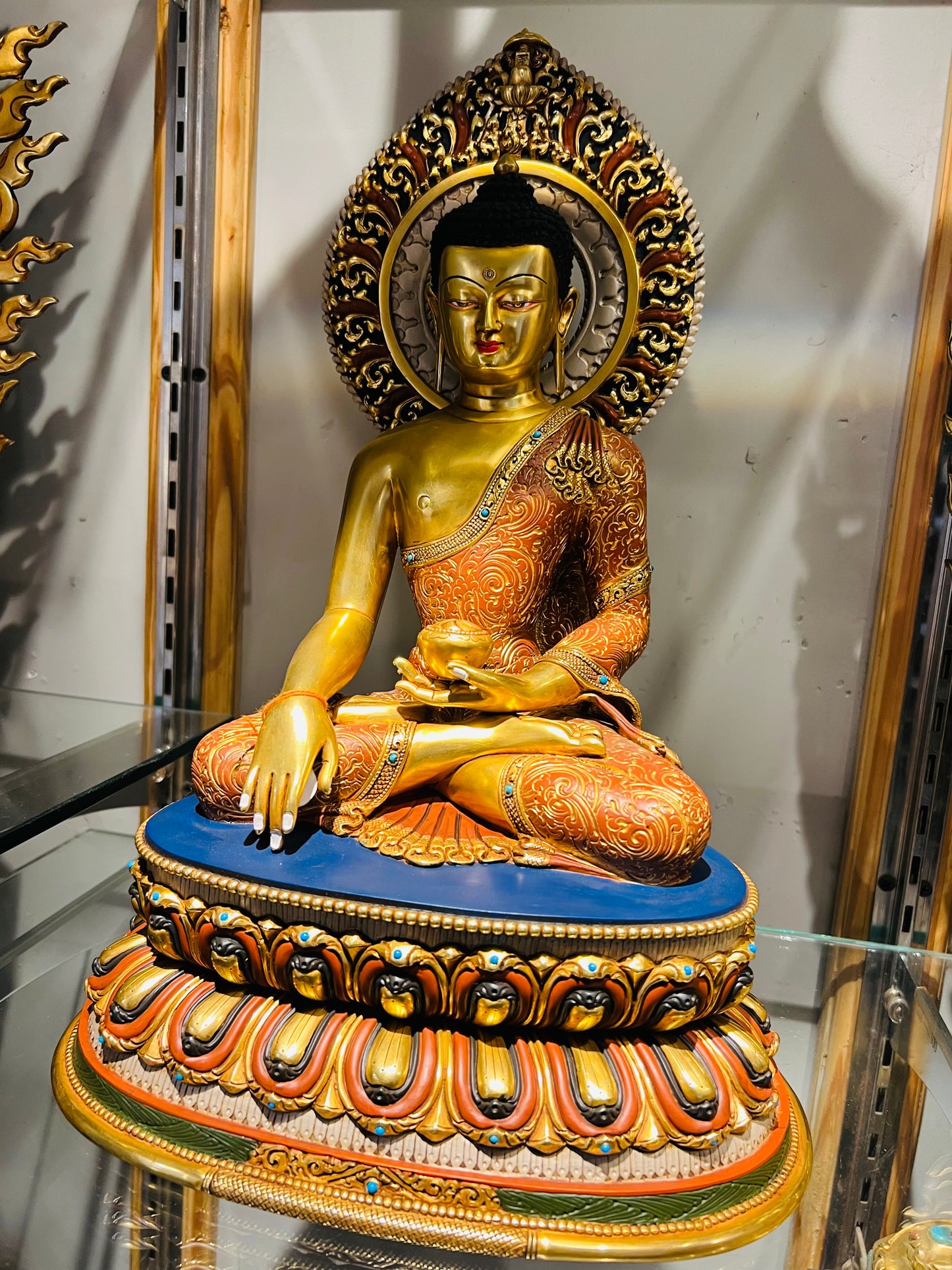 Shakyamuni Buddha Statue 38cm / 15" Hand-Carved Copper Gilded & Painted with Mandorla – Historical Buddha Museum-Quality Collection Nepal – Handmade Tibetan Buddhist Statue, Lost-Wax Cast Himalayan Art from Nepal