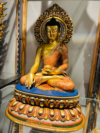 Shakyamuni Buddha Statue 38cm / 15" Hand-Carved Copper Gilded & Painted with Mandorla – Historical Buddha Museum-Quality Collection Nepal