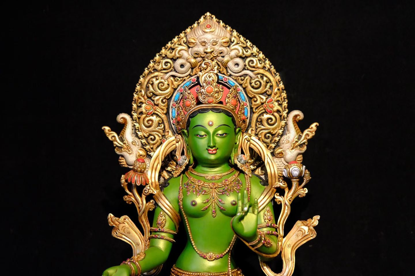 Green Tara (Mother of Liberation) Buddha Statue 42cm / 16.5" Hand-Carved Copper Gilded Painted with Mandorla – Masterwork Himalayan Art Nepal – Handmade Tibetan Buddhist Statue, Lost-Wax Cast Himalayan Art from Nepal