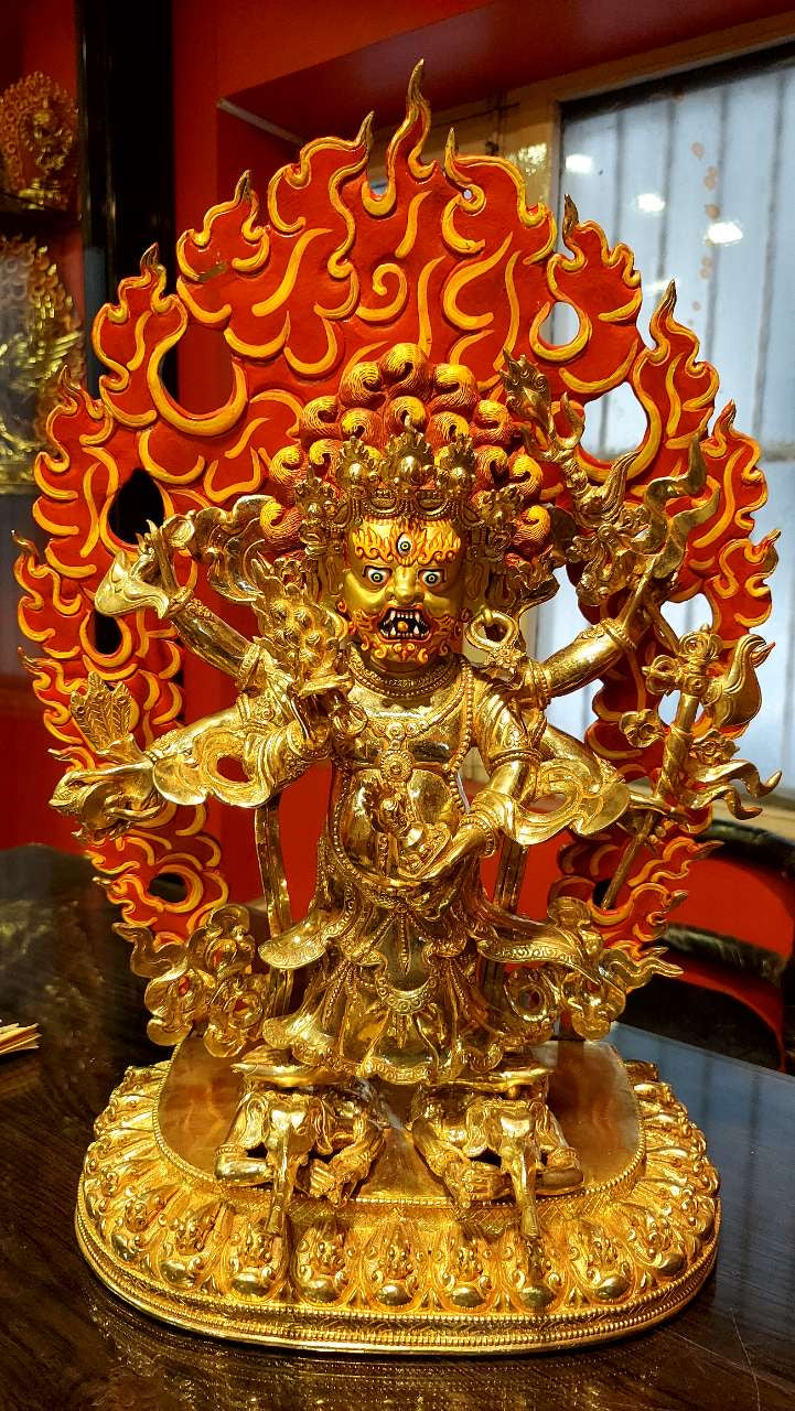 White Mahakala (Shadbhuja Sita) Protector Statue 48cm / 18.9" Hand-Carved Copper Gilded Painted with Mandorla – Himalayan Art Nepal – Handmade Tibetan Buddhist Statue, Lost-Wax Cast Himalayan Art from Nepal