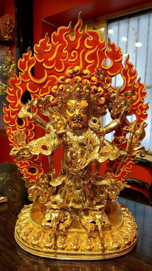 White Mahakala (Shadbhuja Sita) Protector Statue 48cm / 18.9" Hand-Carved Copper Gilded Painted with Mandorla – Himalayan Art Nepal | Bo Tree Arts