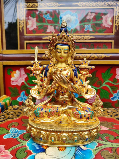 White Manjushri (Sita Manjushri) Wisdom Bodhisattva Statue 23cm / 9" Hand-Carved Copper Gilded – Himalayan Art Nepal