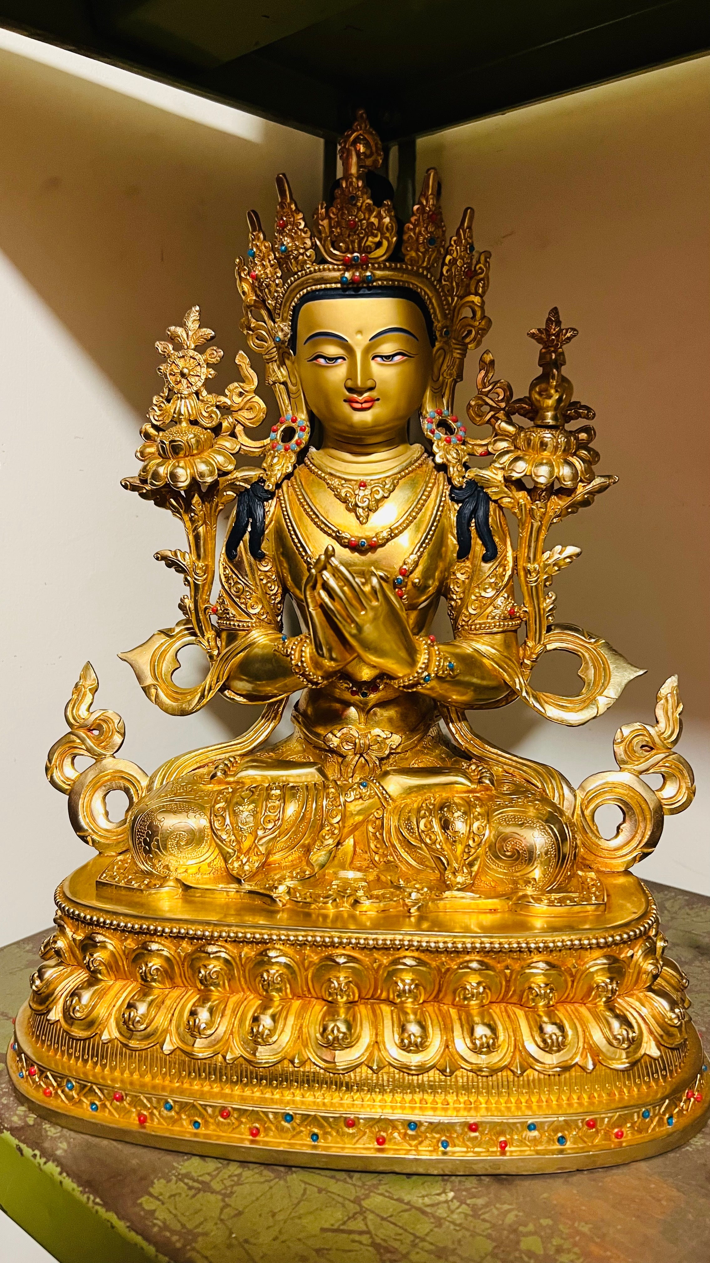 Maitreya / Jampa Buddha Seated Hand-Carved Copper Gilded Statue