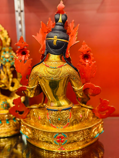 White Tara Buddha Statue 33cm / 13" Hand-Carved Copper Gilded with Gemstone Inlay – Botree Arts