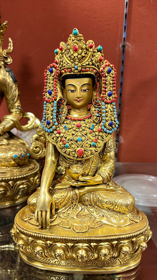 21cm Gilded Maitreya Buddha Statue – Handmade Tibetan Brass Sculpture with Crown, Himalayan Art from Nepal | Bo Tree Arts