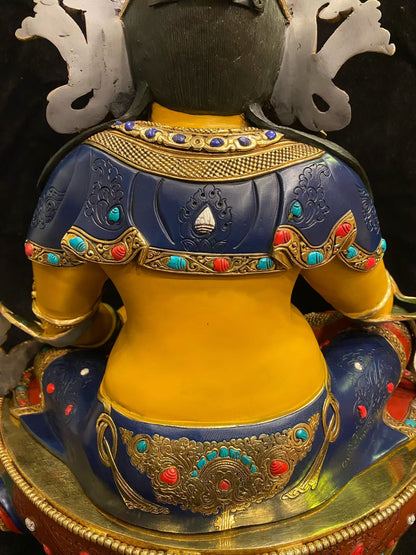 Yellow Jambhala (Wealth Deity) Buddha Statue 55cm / 21.7" Hand-Carved Copper Gilded Painted with Mandorla – Unique Himalayan Art Nepal