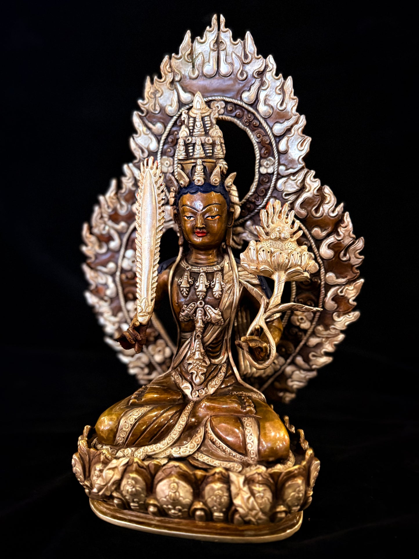 Akashagarbha Buddha Statue 35cm / 13.8" Hand-Carved Copper Silver-Gilt – Space Treasury Bodhisattva Botree Arts Masterwork – Handmade Tibetan Buddhist Statue, Lost-Wax Cast Himalayan Art from Nepal