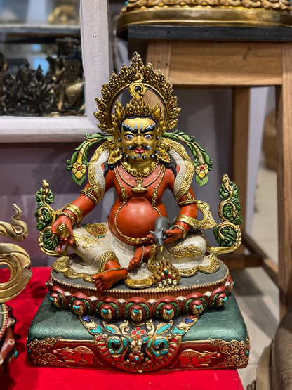 38cm Yellow Jambhala Statue Hand-Carved Copper Painted with Gemstone Inlay & Ornate Throne – Museum-Quality Tibetan Style Wealth Deity Masterwork Nepal