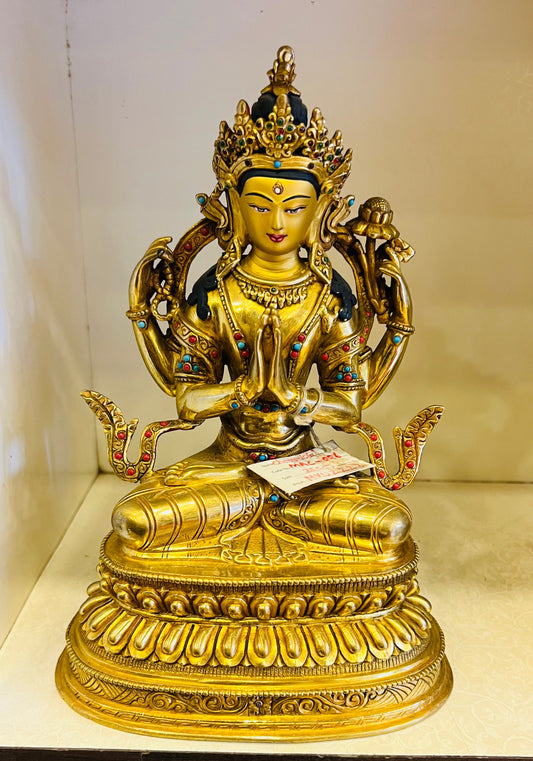 Chenrezig Buddha Statue 25cm / 9.8" Hand-Carved Copper Gilded with Double Lotus Throne – Four-Armed Avalokiteshvara Masterwork Himalayan Art Nepal | Bo Tree Arts