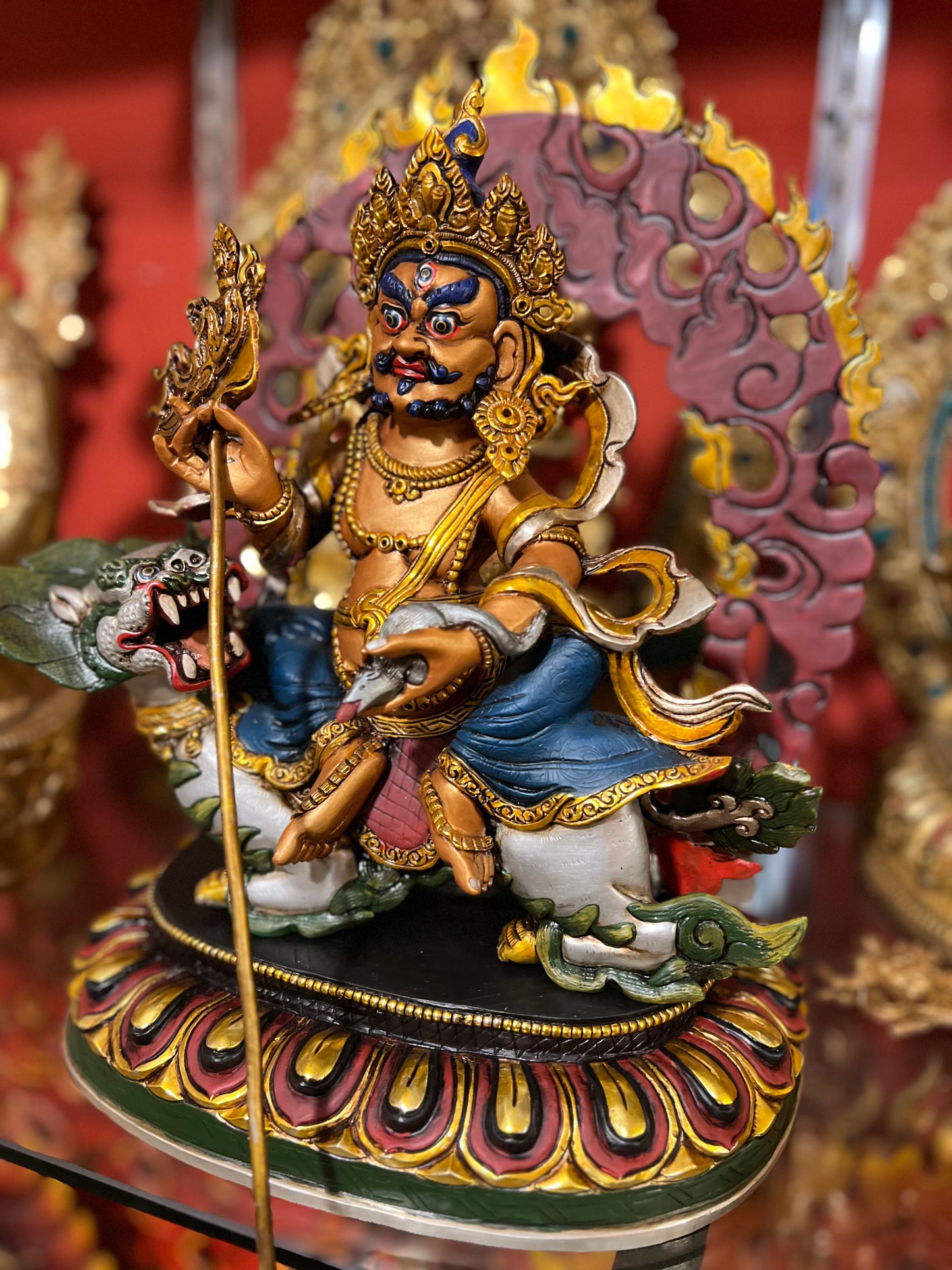 33cm Vaishravana Hand-Carved Pure Copper Painted Statue – Tibetan Buddhist Treasure King, Wealth Deity Sculpture from Nepal – Handmade Tibetan Buddhist Statue, Lost-Wax Cast Himalayan Art from Nepal