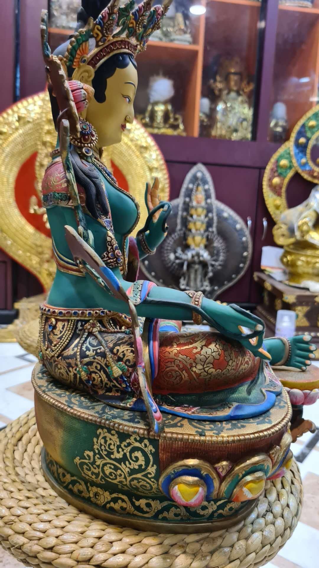 48cm Green Tara Statue Hand-Carved Copper Gilded & Painted – Serene Expression Tibetan Style Bodhisattva Masterwork Nepal – Handmade Tibetan Buddhist Statue, Lost-Wax Cast Himalayan Art from Nepal