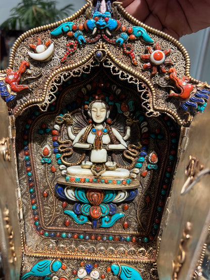 Gau Shrine 29.5cm / 11.6” x 25cm / 9.8” x 10cm / 3.9” Handcrafted with Turquoise & Lapis Lazuli – Portable Ritual Shrine Botree Arts Collection