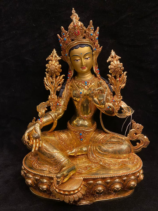 Green Tara (Mother of Liberation) Buddha Statue 35cm / 13.8" Hand-Carved Copper Gilded with Gemstone Inlay – Himalayan Art Nepal | Bo Tree Arts