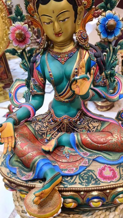 48cm Green Tara Statue Hand-Carved Copper Gilded & Painted – Serene Expression Tibetan Style Bodhisattva Masterwork Nepal