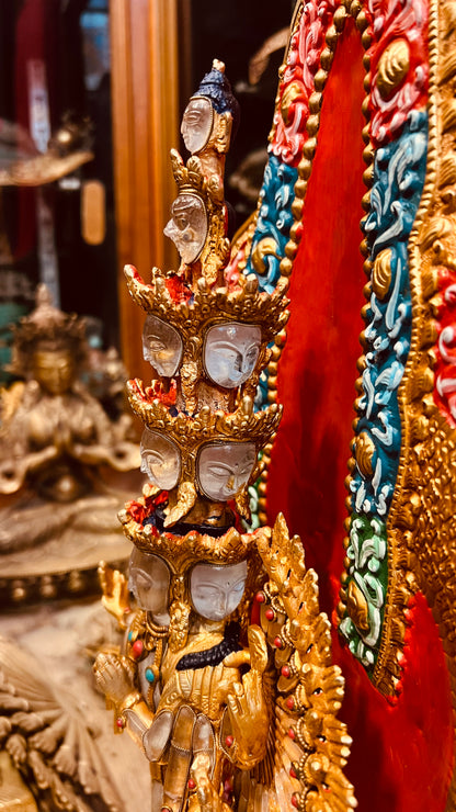 Thousand-Armed Avalokiteshvara Buddha Statue 50cm / 19.7" Hand-Carved Copper Gilded with Painted Mandorla & Crystal Faces – Chenrezig Himalayan Sacred Art