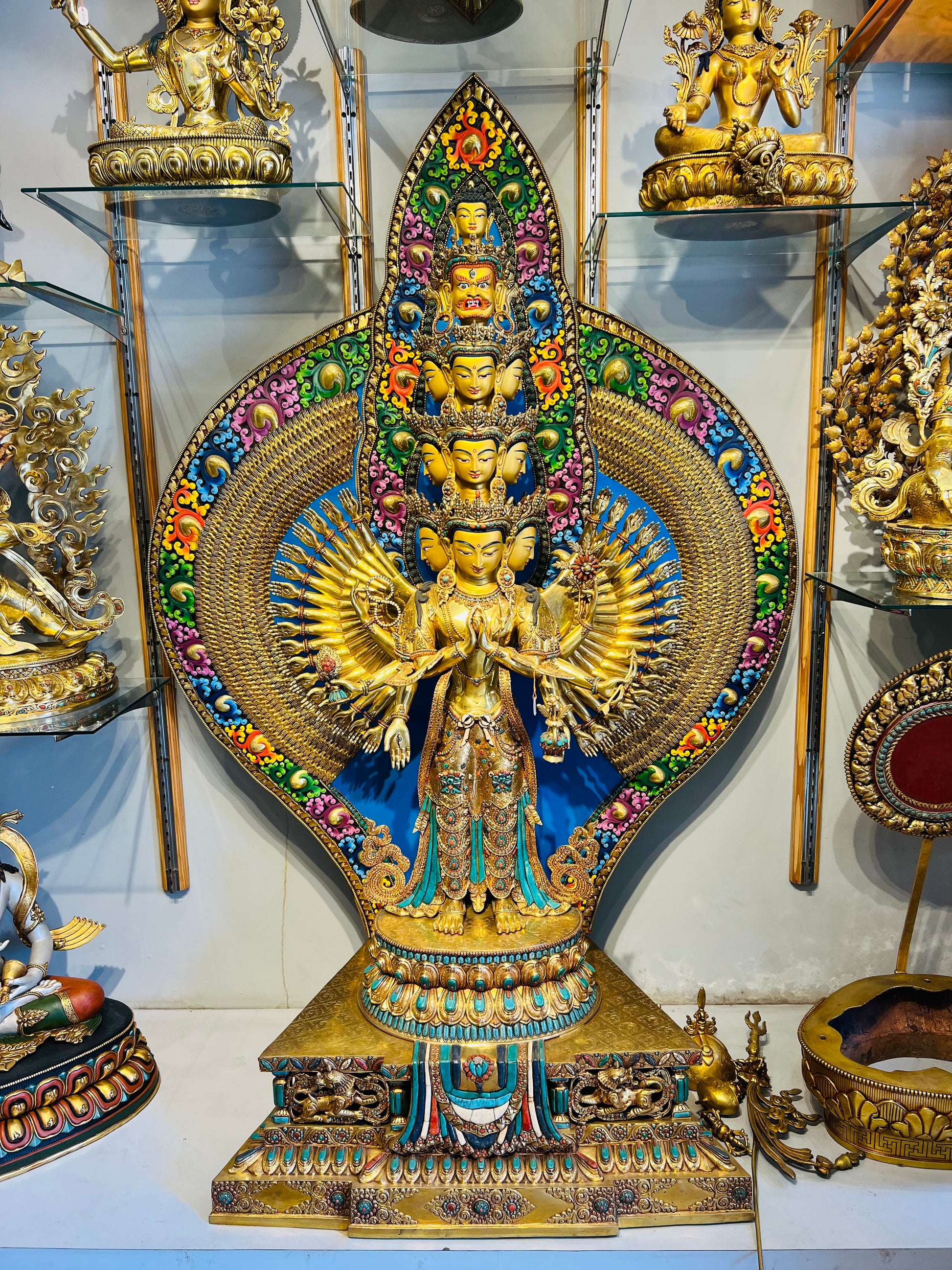 Thousand-Armed Avalokiteshvara Statue 130cm / 51.2" Hand-Carved Copper Gilded Painted with Gemstone Inlay – Chenrezig Monumental Masterwork Nepal | Bo Tree Arts