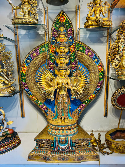 Thousand-Armed Avalokiteshvara Statue 130cm / 51.2" Hand-Carved Copper Gilded Painted with Gemstone Inlay – Chenrezig Monumental Masterwork Nepal