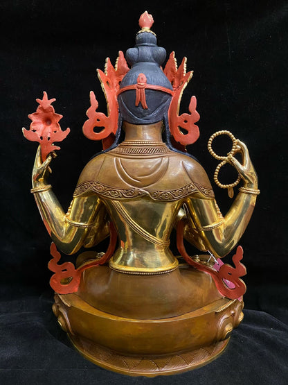 Four-Armed Avalokiteshvara (Chenrezig) Statue 45cm / 17.7" Hand-Carved Pure Copper Partially Gilded – Himalayan Art Nepal