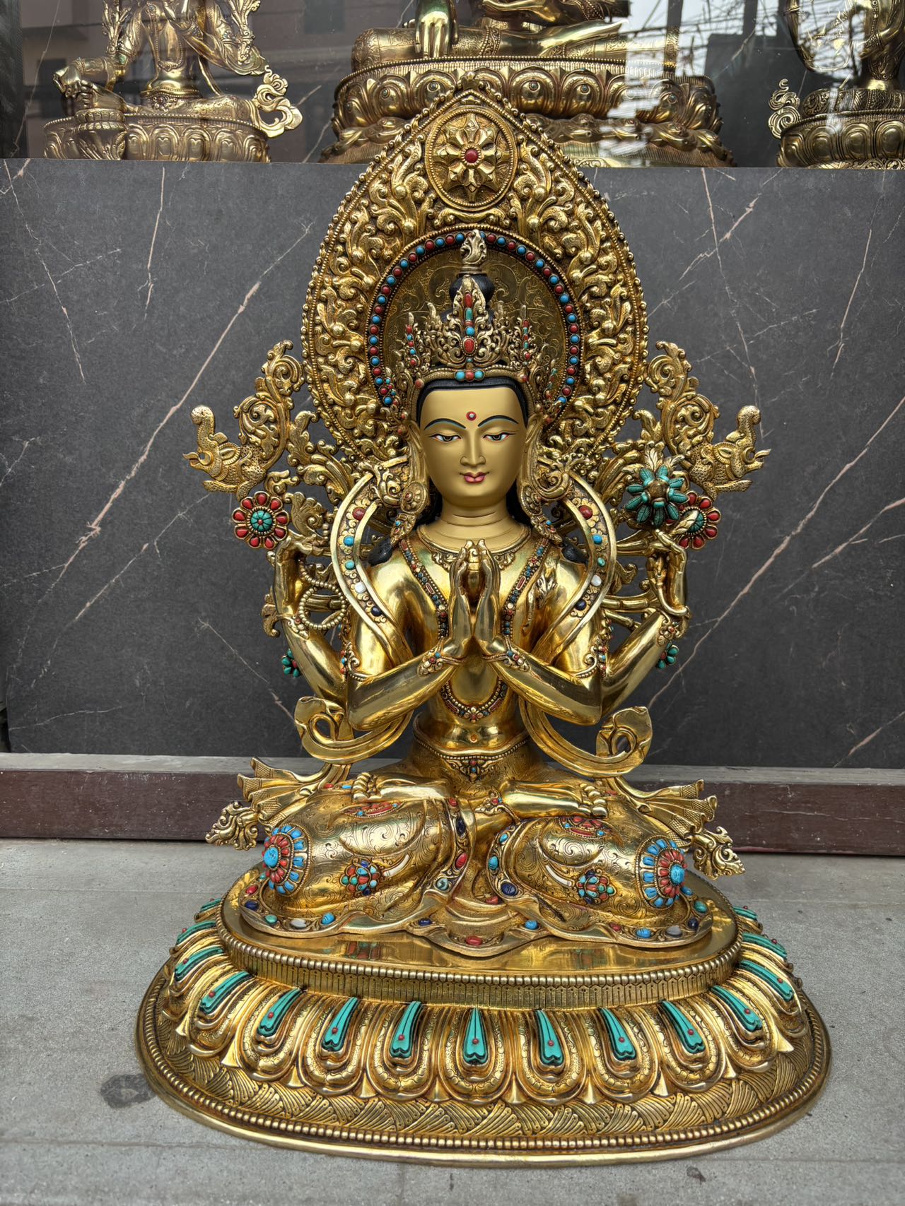 Four-Armed Avalokiteshvara (Chenrezig) Buddha Statue 50cm / 19.7" Hand-Carved Copper Gilded with Gemstone Inlay Himalayan Art Nepal | Bo Tree Arts
