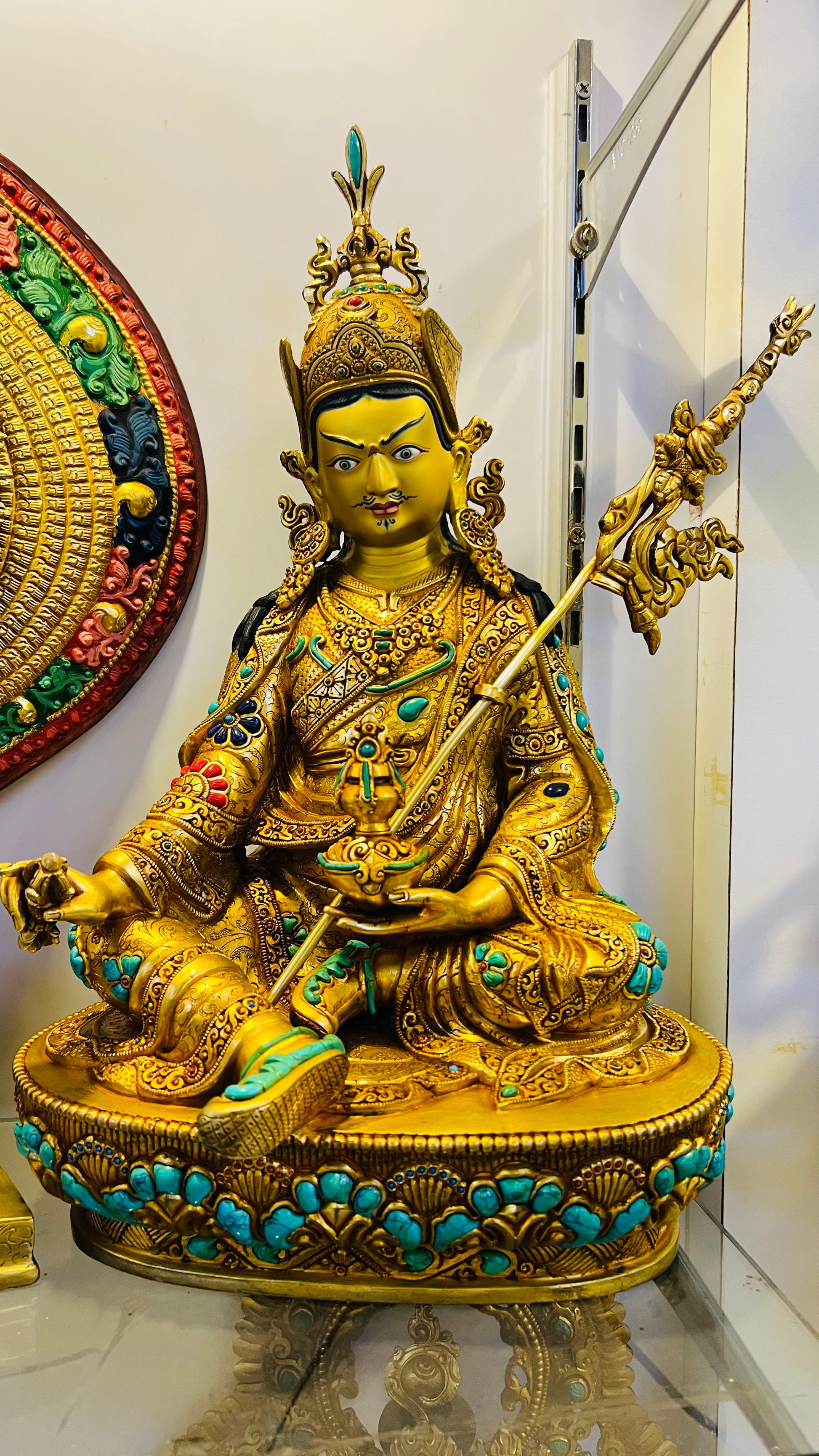 Padmasambhava Buddha Statue 33cm / 13" Hand-Carved Copper Gilded with Turquoise Inlay – Guru Rinpoche Himalayan Masterwork Nepal | Bo Tree Arts